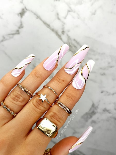 Image of  Nail Length, Nails, Long, XL, Nail Art, Nail Style, Airbrush, Hand Painted, Color Block, Jewels, French Manicure, Mirror, Accent Nail, Ombre, Mix-and-Match, Pastel, Nail Color, Metallic, White, Glass, Pink, Manicure, Nail Finish, Gel, Acrylic, Dip Powder, Nail Shape, Coffin, Ballerina