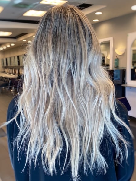 Image of  Women's Hair, Balayage, Hair Color, Blonde, Fashion Color, Foilayage, Full Color, Highlights, Ombré, Shoulder Length, Hair Length, Blunt, Haircuts, Beachy Waves, Hairstyles
