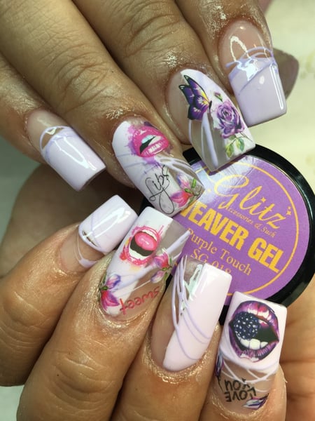 Image of  Medium, Nail Length, Nails, Nail Style, Nail Art, Accent Nail, Stickers, Mix-and-Match, Hand Painted, Matte, Nail Color, Pastel, Clear, Purple, Manicure, Acrylic, Nail Finish, Square, Nail Shape