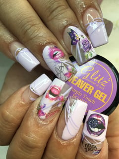 View Medium, Acrylic, Nail Finish, Square, Nail Shape, Manicure, Purple, Clear, Pastel, Nail Color, Matte, Hand Painted, Mix-and-Match, Stickers, Accent Nail, Nail Art, Nail Style, Nails, Nail Length - Isabel Rivera, Westfield, MA