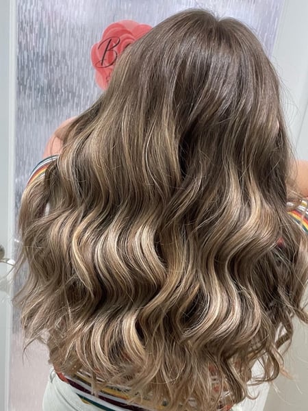 Image of  Women's Hair, Blowout, Hair Color, Balayage, Blonde, Brunette, Foilayage, Full Color, Highlights, Long, Hair Length, Layered, Haircuts, Beachy Waves, Hairstyles, Curly