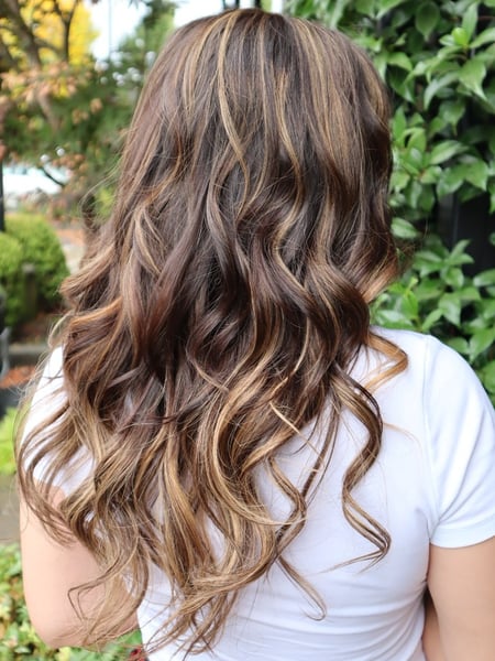 Image of  Women's Hair, Hair Color, Balayage, Brunette, Foilayage, Hairstyles, Beachy Waves, Curly, Hair Extensions