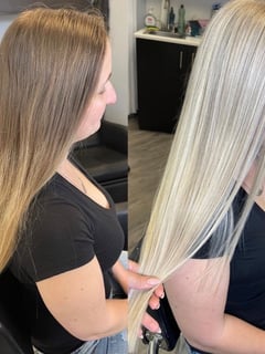 View Hair Color, Straight, Hairstyle, Blunt (Women's Haircut), Haircut, Long Hair (Mid Back Length), Hair Length, Color Correction, Blonde, Women's Hair - Lindsay Winowich, Clearwater, FL