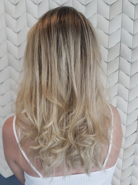 Image of  Women's Hair, Hair Color, Blowout, Balayage, Blonde, Medium Length, Hair Length, Layered, Haircuts, Curly, Hairstyles