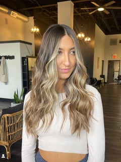 View Haircut, Hair Length, Long Hair (Mid Back Length), Foilayage, Balayage, Blonde, Hair Color, Highlights, Curls, Hairstyle, Beachy Waves, Blowout, Women's Hair, Layers - Alyssa Miuccio, Frankfort, IL