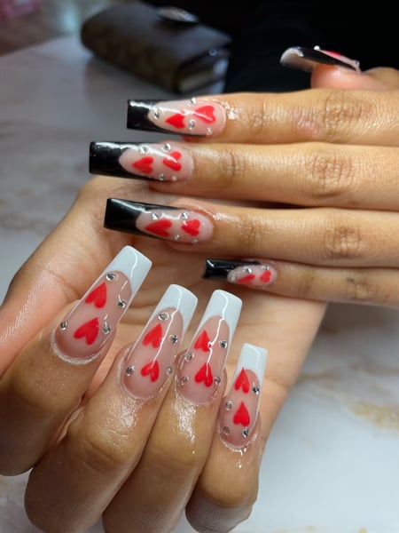 Image of  Manicure, Nails, Long, Nail Length, Short, Medium, XL, XXL, Nail Art, Nail Style, Nail Jewels, Reverse French, Accent Nail, Mix-and-Match, Hand Painted, White, Nail Color, Beige, Black, Glitter, Gel, Nail Finish, Acrylic, Coffin, Nail Shape, Square