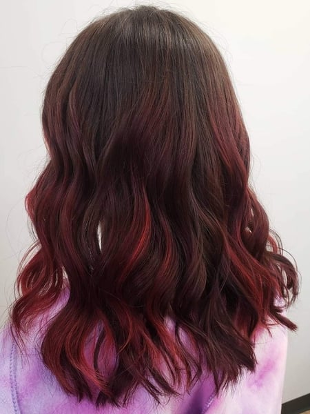 Image of  Women's Hair, Hair Color, Fashion Color, Balayage, Full Color, Red, Shoulder Length, Hair Length, Medium Length, Layered, Haircuts, Beachy Waves, Hairstyles, Curly
