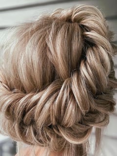 View Hair Color, Updo, Women's Hair, Bridal Hair, Hairstyle, Braid (Boho Chic), Hair Length, Long Hair (Upper Back Length), Blonde - Jocelyn Emerson, Chardon, OH