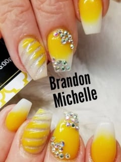 View Nails, Yellow, Nail Color, White, Acrylic, Nail Finish, Medium, Nail Length, Square, Nail Shape, Nail Jewels, Nail Style, Hand Painted, Mix-and-Match - Brandon , Kansas City, MO