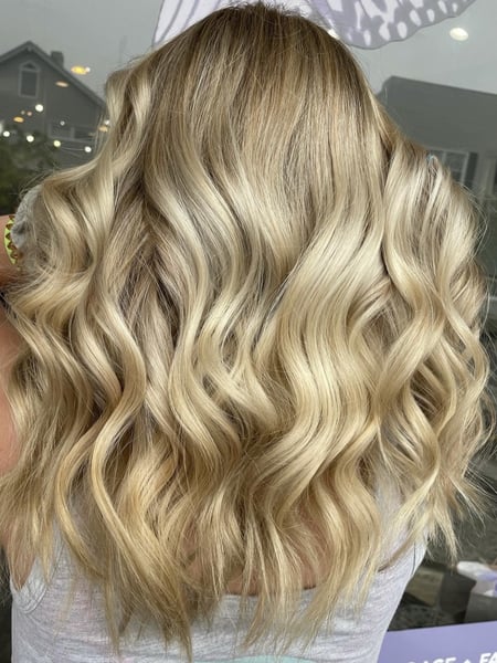 Image of  Women's Hair, Blowout, Hair Color, Blonde, Foilayage, Highlights, Hair Length, Medium Length, Haircuts, Layered, Hairstyles, Beachy Waves, Curly