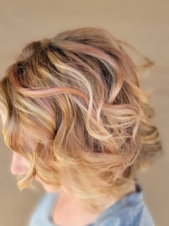 View Balayage, Blonde, Fashion Color, Foilayage, Layered, Curly, Haircuts, Shoulder Length, Highlights, Hair Length, Curly, Beachy Waves, Hairstyles, Women's Hair, Hair Color - Kalie Gourley, Lewiston, ID