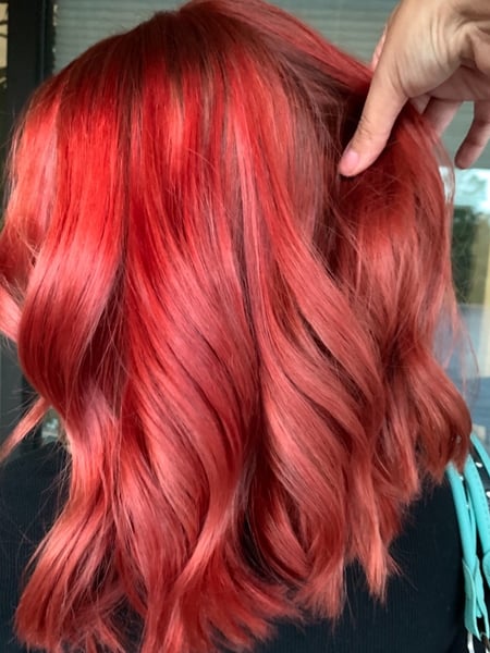 Image of  Women's Hair, Blowout, Hair Color, Full Color, Red, Hair Length, Shoulder Length, Bangs, Haircuts, Beachy Waves, Hairstyles