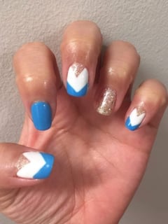 View Oval, Nail Length, Medium, Nail Finish, Nails, Gel, White, Nail Color, Glitter, Blue, Mix-and-Match, Hand Painted, Nail Style, Accent Nail, Nail Shape - Ann , Seattle, WA
