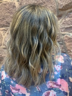 View Women's Hair, Blonde, Hair Color, Brunette, Foilayage, Highlights, Medium Length, Hair Length, Haircuts, Layered, Beachy Waves, Hairstyles, Curly - Becca Herforth, Douglassville, PA
