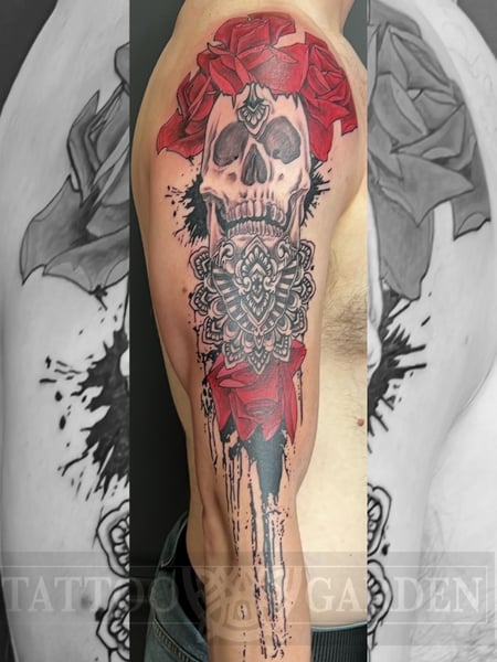 Image of  Tattoos, Tattoo Style, Tattoo Bodypart, Tattoo Colors, Neo Traditional, Trash Polka, Arm , Black , Red
