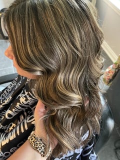 View Women's Hair, Hair Color, Blowout, Blonde, Highlights, Hair Length, Shoulder Length, Haircuts, Layered, Hairstyles, Curly - Autumn Stockton, Greenfield, IN