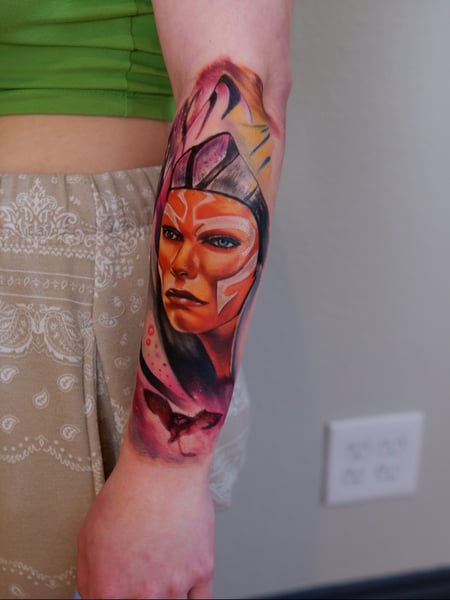 Image of  Tattoos, Tattoo Style, Tattoo Bodypart, Tattoo Colors, Cartoon, Portrait, Realism, Arm , Orange , Pink , Yellow 