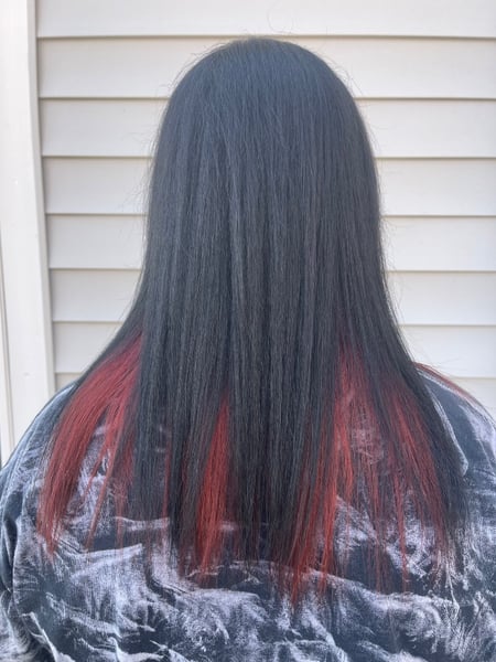 Image of  Shoulder Length Hair, Hair Length, Women's Hair, Long Hair (Mid Back Length), Haircut, Red, Hair Color, Black, Color Correction, Blowout, Hairstyle