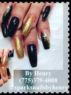 View Long, Nail Finish, Acrylic, Black, Nail Color, Gold, Nails, Nail Length - Henry Lopez, Sparks, NV