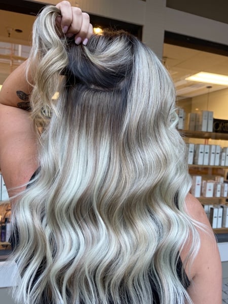 Image of  Women's Hair, Balayage, Hair Color, Blonde, Color Correction, Foilayage, Full Color, Highlights, Silver, Medium Length, Hair Length, Blunt, Haircuts, Beachy Waves, Hairstyles, Boho Chic Braid, Curly, Hair Extensions, Permanent Hair Straightening