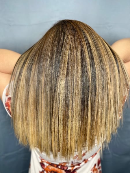 Image of  Blunt, Haircuts, Women's Hair, Layered, Straight, Hairstyles, Keratin, Permanent Hair Straightening, Brunette, Hair Color, Foilayage, Highlights, Color Correction, Balayage