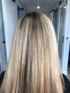 View Blunt (Women's Haircut), Women's Hair, Hair Color, Balayage, Blonde, Highlights, Foilayage, Long Hair (Mid Back Length), Hair Length, Haircut - Abby Lin, Gilbert, AZ
