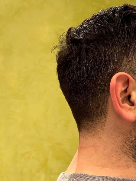 Image of  Men's Hair, Haircut, Low Fade, Medium Fade, Short Ear Length Hair, Scissor Cut
