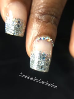 View French Manicure, Nail Jewels, Nail Style, Accent Nail, Short, Nail Length, Nails, Manicure, Nail Shape, Square, Nail Finish, Gel, Clear, Nail Color, Glitter, Nail Art - Untouched Seduction, Franklinton, NC