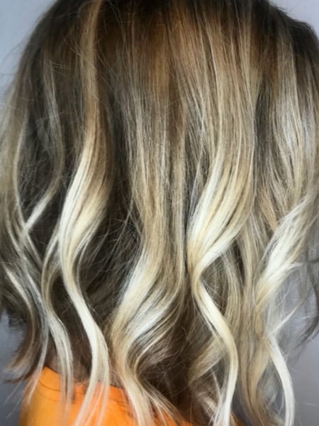 Image of  Women's Hair, Blonde, Hair Color, Balayage, Hair Length, Shoulder Length, Blunt, Haircuts, Beachy Waves, Hairstyles