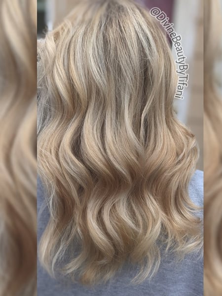Image of  Women's Hair, Balayage, Hair Color, Blonde, Long Hair (Upper Back Length), Hair Length, Bangs, Haircut, Layers, Beachy Waves, Hairstyle, Curls