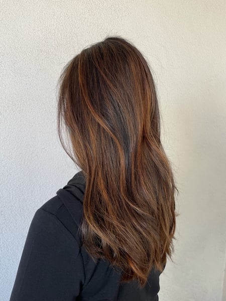 Image of  Women's Hair, Hair Color, Foilayage, Highlights, Brunette, Hair Length, Long, Haircuts, Layered
