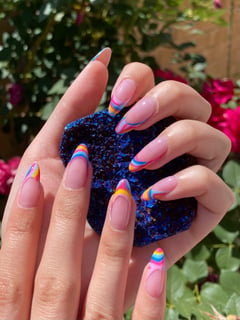 View Medium, Nail Length, Nails, Short, Nail Art, Nail Style, Hand Painted, French Manicure, Yellow, Nail Color, Neon, Beige, Blue, Purple, Pink, Manicure, Gel, Nail Finish, Round, Nail Shape, Oval, Almond - Tammy Nguyen, Anaheim, CA