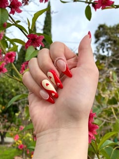 View Nails, Oval, Round, Nail Shape, Almond, Nail Art, Hand Painted, French Manicure, Nail Style, Accent Nail, White, Red, Nail Color, Beige, Nail Length, Long, Nail Finish, Gel - Nail Artist, Anaheim, CA