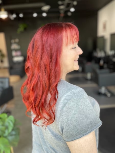 Image of  Women's Hair, Red, Hair Color, Medium Length, Hair Length, Bangs, Haircuts, Beachy Waves, Hairstyles, Curly