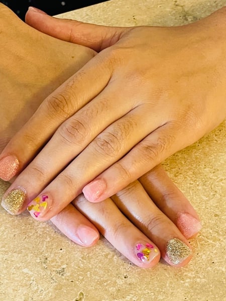 Image of  Nails, Acrylic, Nail Finish, Short, Nail Length, Pink, Nail Color, Gold, Glitter, Mix-and-Match, Nail Style, Hand Painted