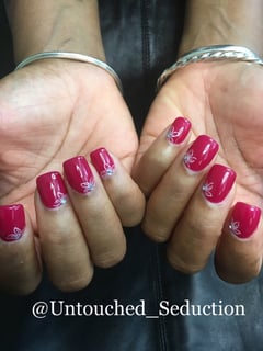 View Manicure, Nails, Nail Length, Short, Accent Nail, Nail Style, Hand Painted, Nail Jewels, Nail Art, Acrylic, Nail Finish, Pink, Nail Color, Red, Square, Nail Shape - Untouched Seduction, Franklinton, NC