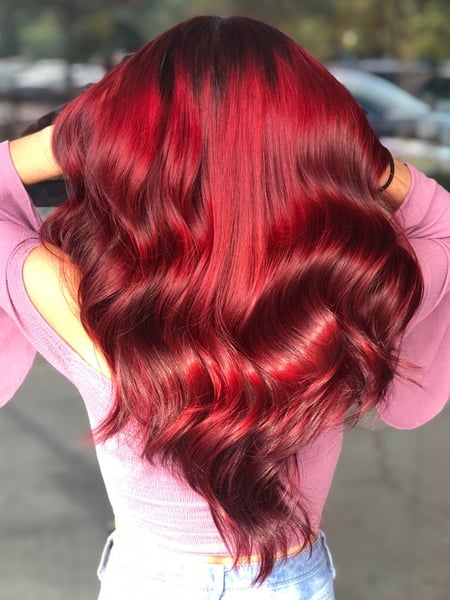 Image of  Women's Hair, Fashion Hair Color, Hair Color, Highlights, Red, Long Hair (Mid Back Length), Hair Length, Layers, Haircut, Beachy Waves, Hairstyle, Curls