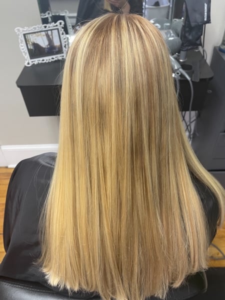 Image of  Women's Hair, Color Correction, Hair Color, Blonde, Hair Length, Long, Straight, Hairstyles, Permanent Hair Straightening