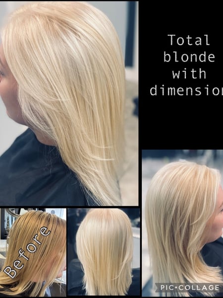 Image of  Haircuts, Blonde, Blowout, Hairstyles, Women's Hair, Hair Color, Highlights, Layered, Hair Length, Medium Length
