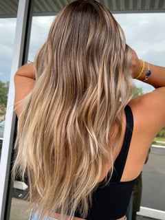View Hair Color, Hairstyle, Beachy Waves, Layers, Blunt (Women's Haircut), Bangs, Haircut, Long Hair (Mid Back Length), Women's Hair, Hair Length, Highlights, Foilayage, Blonde, Balayage, Blowout - Ashley Blevins, Oviedo, FL