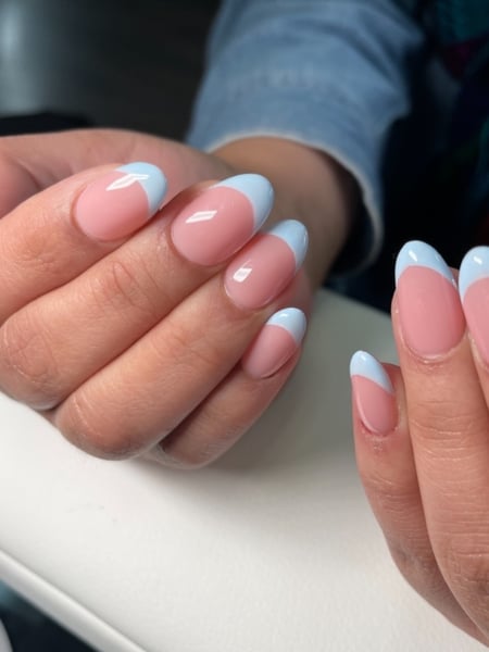 Image of  Nails, Manicure, Gel, Nail Finish, Medium, Nail Length, Blue, Nail Color, Beige, Pastel, French Manicure, Nail Style, Nail Art, Almond, Nail Shape