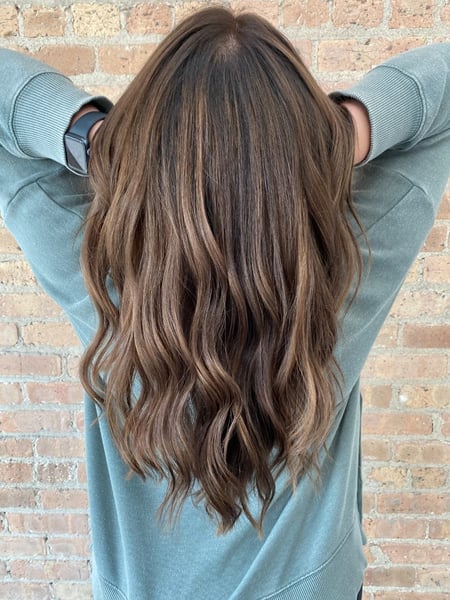 Image of  Women's Hair, Balayage, Hair Color, Brunette, Foilayage, Highlights, Long, Hair Length, Layered, Haircuts, Curly, Hairstyles