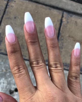 Image of  Nails, White, Nail Color, Pink, Acrylic, Nail Finish, Stiletto, Nail Shape, French Manicure, Nail Style