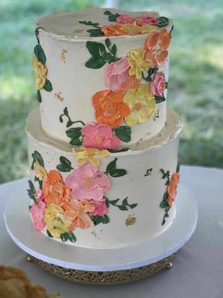 Image of  White, Yellow, Icing Type, Buttercream, Icing Techniques, Spatula Icing, Shape, Tiered, Round, Theme, Floral, Cakes, Occasion, Wedding Cake, Color, Orange, Pink