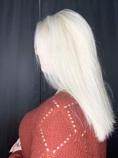View Women's Hair, Hair Color, Blonde, Silver, Medium Length, Hair Length, Straight, Hairstyles - Ashley Ewing, Terre Haute, IN