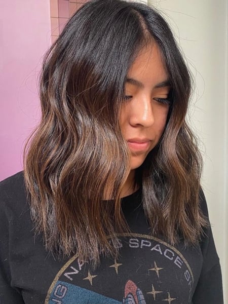 Image of  Women's Hair, Hair Color, Balayage, Brunette, Color Correction, Fashion Color, Ombré, Foilayage, Hair Length, Short Chin Length, Curly, Haircuts, Layered, Beachy Waves, Hairstyles, Curly