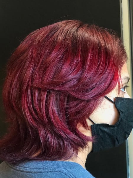 Image of  Women's Hair, Hair Color, Color Correction, Fashion Color, Full Color, Red, Hair Length, Short Chin Length, Layered, Haircuts, Straight, Hairstyles