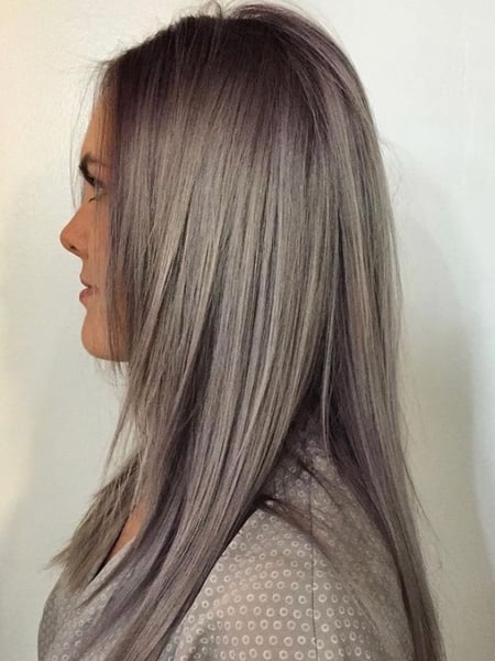 Image of  Women's Hair, Blowout, Hair Color, Color Correction, Fashion Color, Full Color, Silver, Hair Length, Long, Haircuts, Layered, Straight, Hairstyles