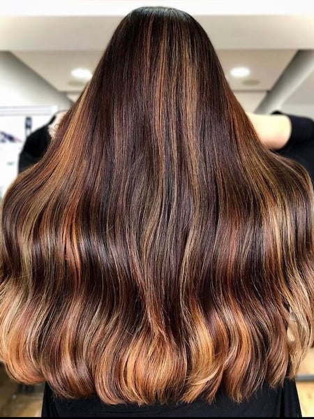 Image of  Women's Hair, Blowout, Balayage, Hair Color, Brunette, Fashion Color, Full Color, Red, Hair Length, Long, Beachy Waves, Hairstyles