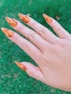 View Gel, Nail Shape, Almond, Nail Art, Nail Style, Hand Painted, Yellow, Orange, Gold, Glitter, Nail Color, Brown, Long, Nail Length, Nails, Medium, Manicure, Nail Finish - Nail Artist, Anaheim, CA
